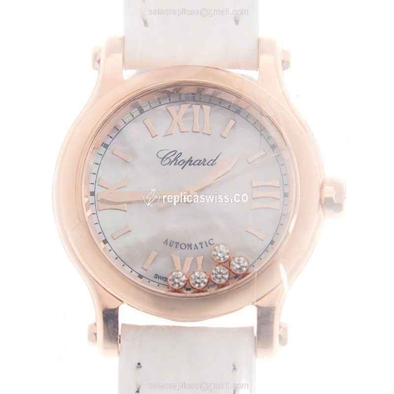 Chopard Happy Sport Replica - Automatic - 18kt Rose Gold - White Dial - Alligator Strap